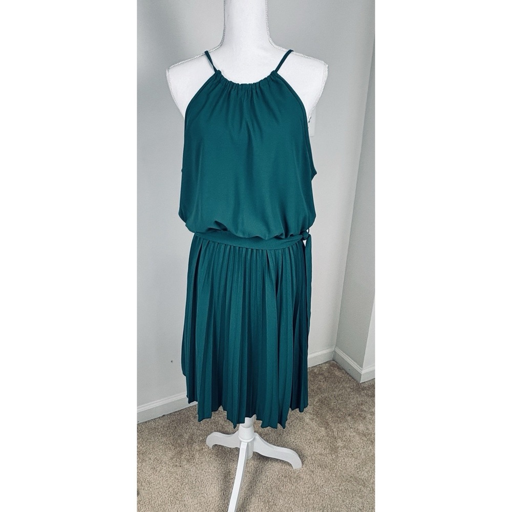 BTFBM Green Halter Sleeveless Mini Pleated Skirt Dress Size L- NWT